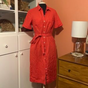 Midi length coral button up shirt dress